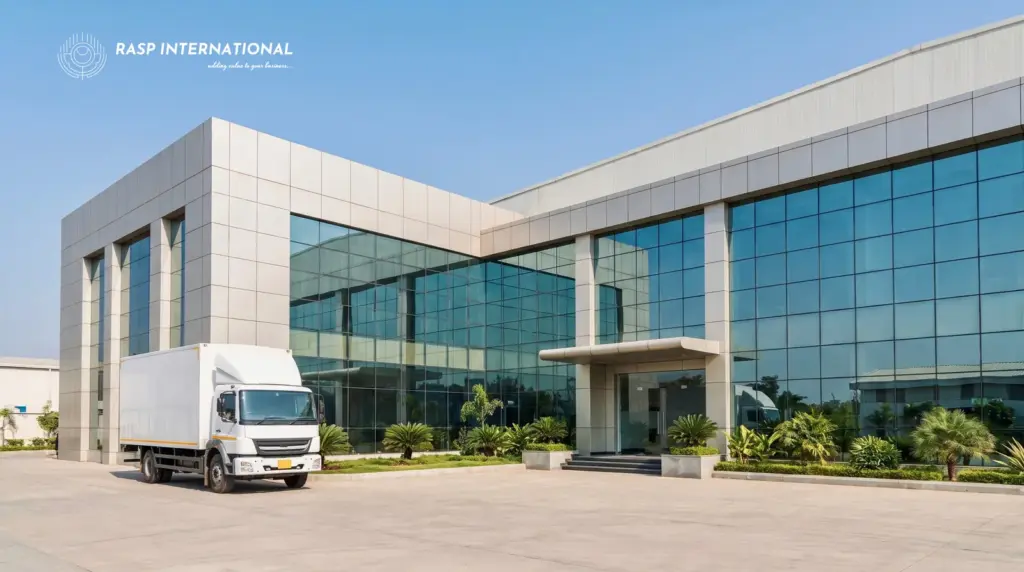 Modern air cargo complex and logistics terminal with container transport truck