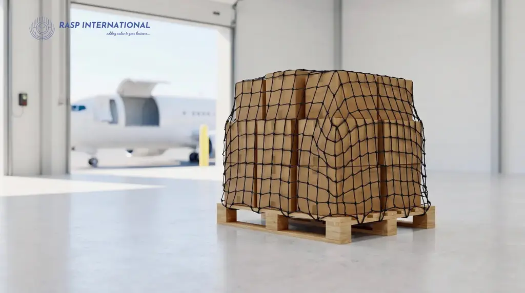Export cargo cartons neatly stacked and shrink-wrapped in a freight transit warehouse