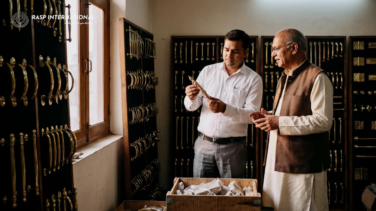 Bank officer examining a brass cabinet handle with the unit owner during a stock check in Moradabad