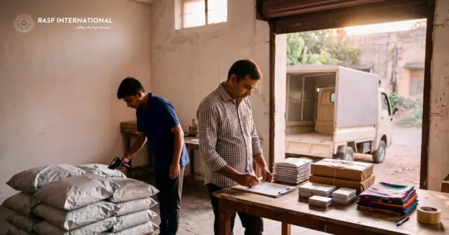 Two men scanning and checking export parcels in a small unit before sending them by courier or post
