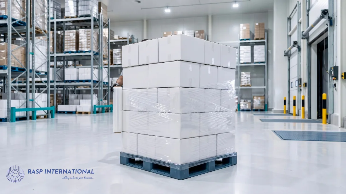 Culture media export cartons on a pallet ready for dispatch from an Indian warehouse