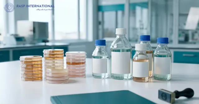 Culture media plates and bottles beside an export certificate folder for culture media export from India