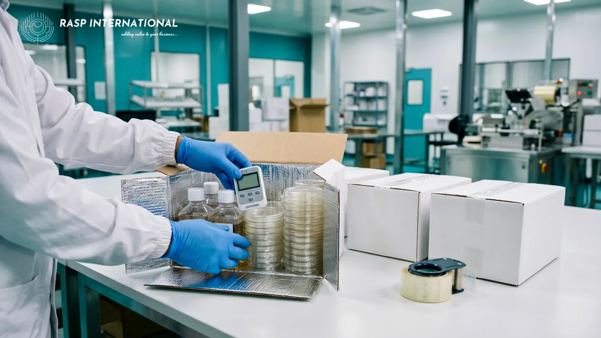 Culture media bottles and plates being packed with a temperature logger for export from India