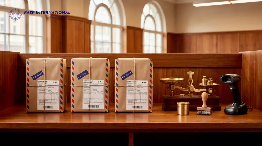 Dak Ghar Niryat Kendra postal export parcels with airmail declaration labels on counter