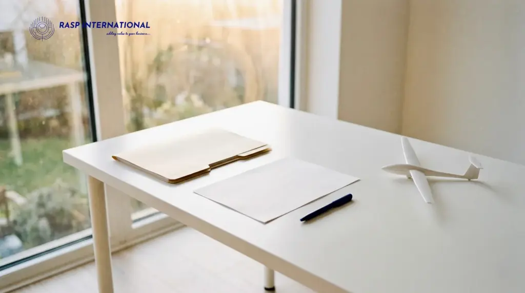 Clean executive office desk with export documentation folder and logistics model