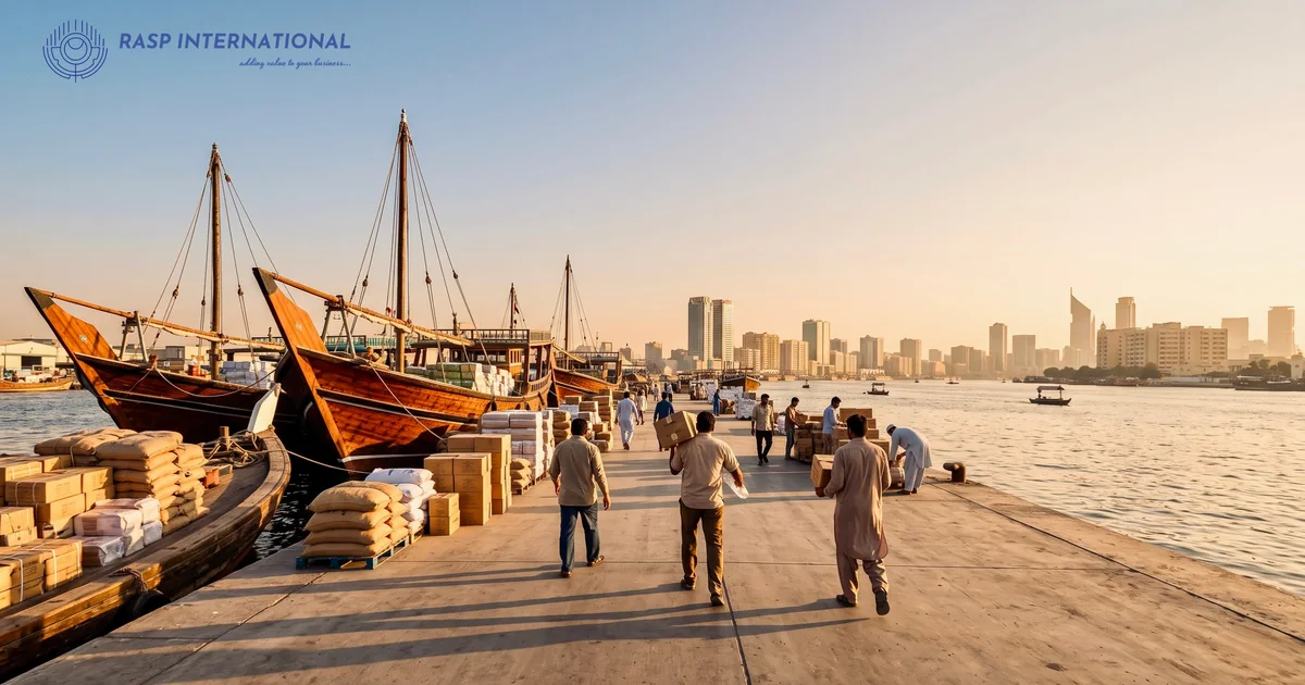 Workers carrying cartons along a wharf with dhows and the Dubai skyline behind