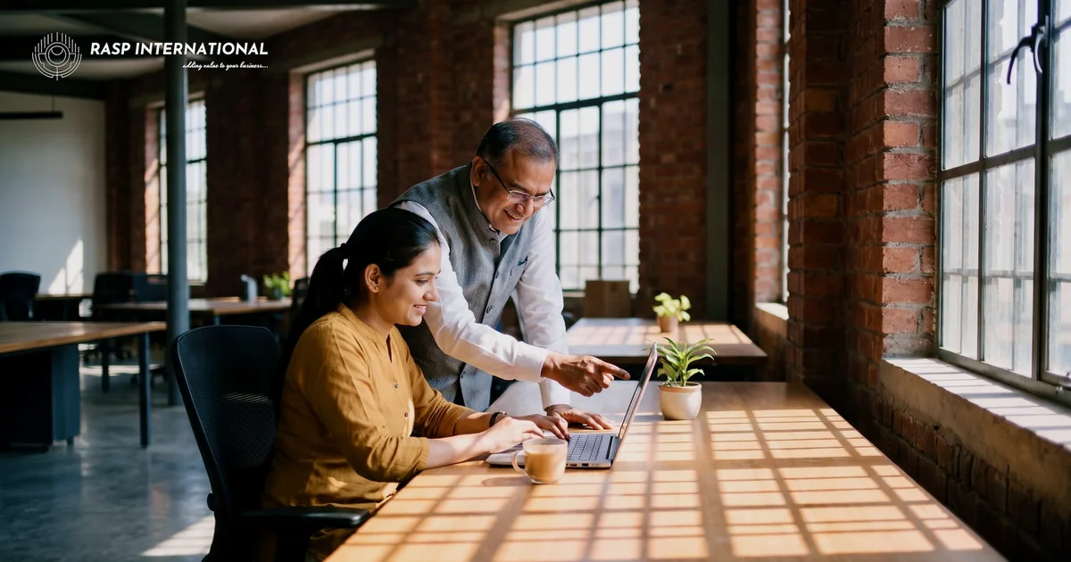 Accounts executive and her manager matching an export payment on a laptop in an Ahmedabad export office