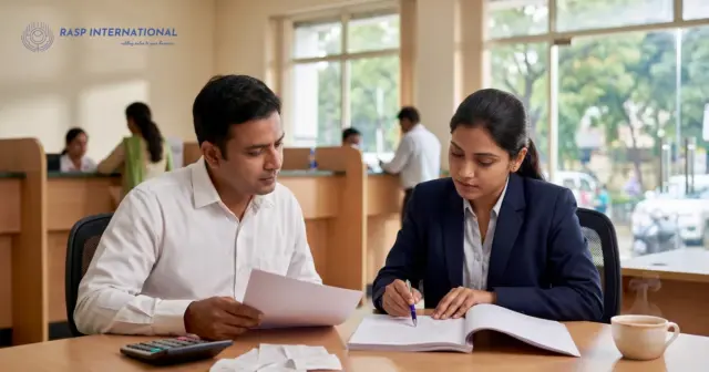 Exporter going over export credit insurance premium papers with an officer at a branch counter