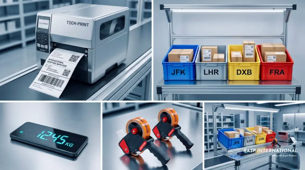 High speed international e-commerce packaging and thermal label printing dispatch station