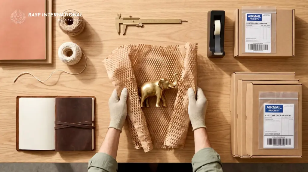 Artisanal Indian products being packed in sustainable kraft packaging for international e-commerce export