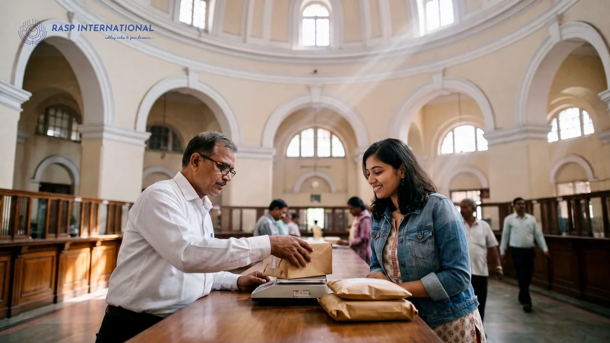 Postal clerk weighing a young seller's export parcels at the counter of a heritage general post office in India