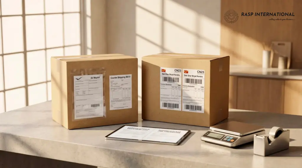 International e-commerce parcels with barcoded customs labels ready for courier pickup