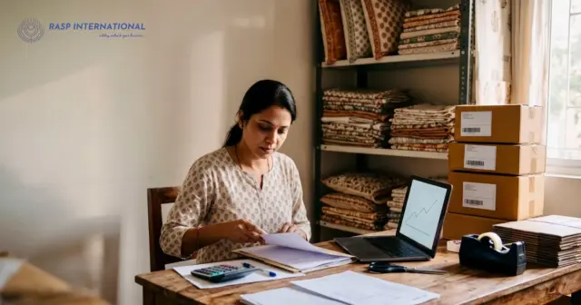 E-commerce exporter sorting her bank papers and sales records beside packed parcels before applying for a loan