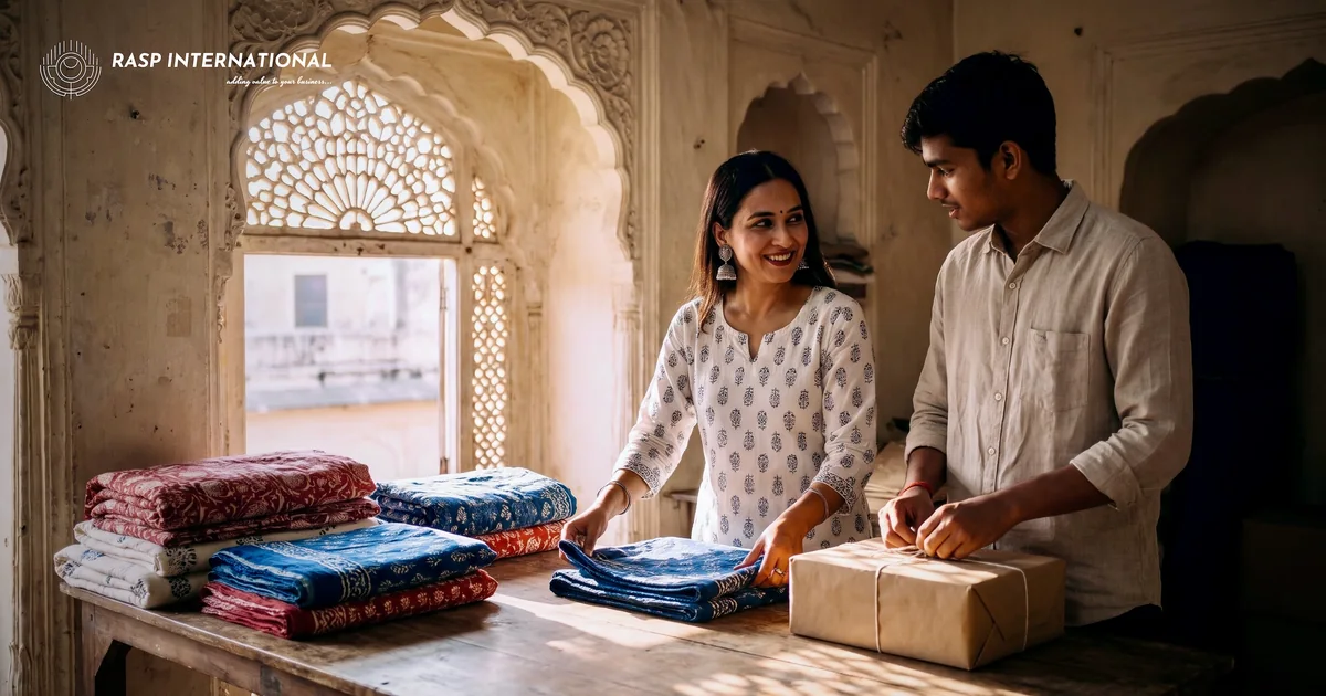 Online seller and her colleague packing block printed cushion covers into export parcels in a Jaipur studio