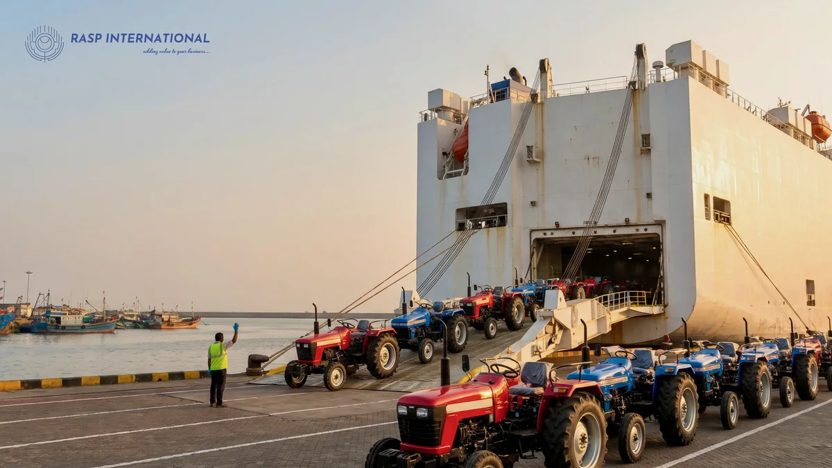 New tractors lined up to drive onto a ro-ro ship at an Indian port for export