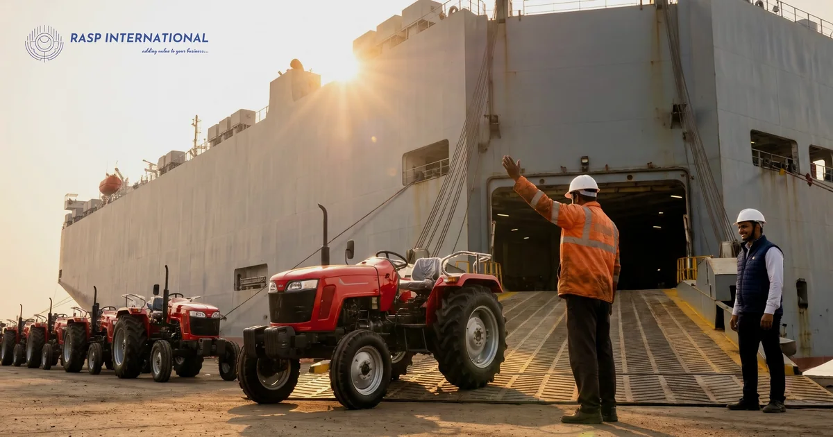 Port marshal guiding a new tractor up the ramp of a ro-ro ship as the exporter watches at an Indian port