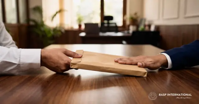 Exporter pushing back a sealed cash envelope offered for a government registration in India