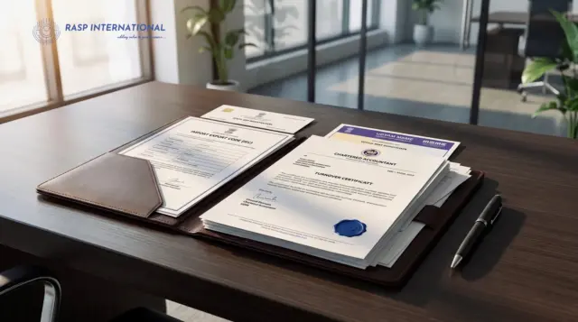 Export shipping bills, commercial invoices and customs declarations on an office desk