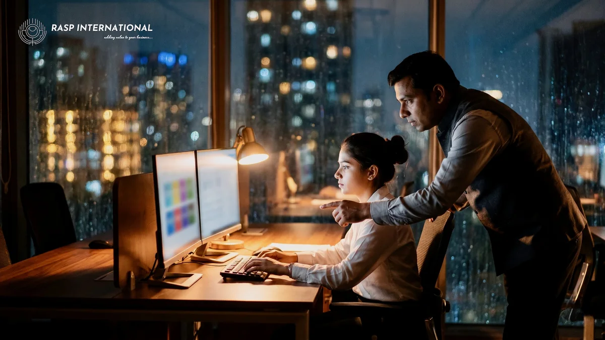 Factoring company staff checking export invoices on screen at an operations desk in Mumbai