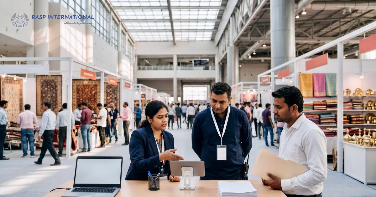 Adviser at an export help desk in a trade fair hall explaining a point on a tablet to two exhibitors