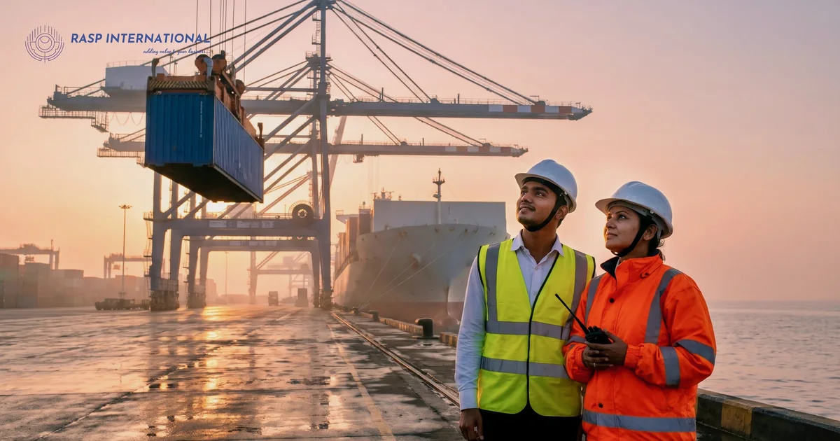 Exporter and a port supervisor watching a gantry crane load a container onto a ship at an Indian port at dawn