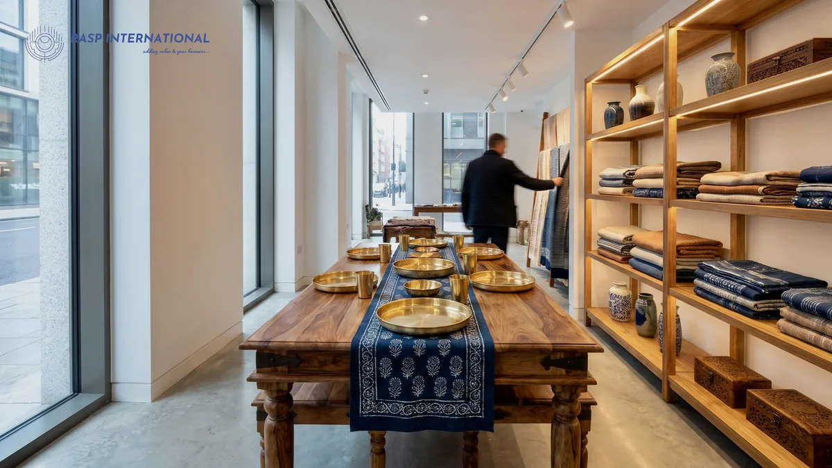 Display showroom abroad with Indian brassware, block printed textiles and a wooden dining table