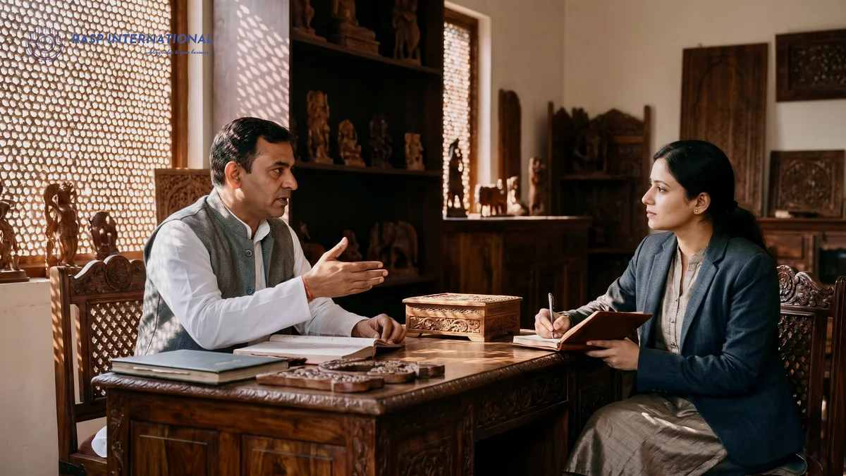 Wood carving exporter and an export adviser planning his export support in a Saharanpur showroom