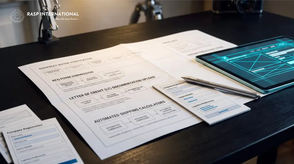 UI wireframes and technical architecture for an international export inquiry and RFQ website