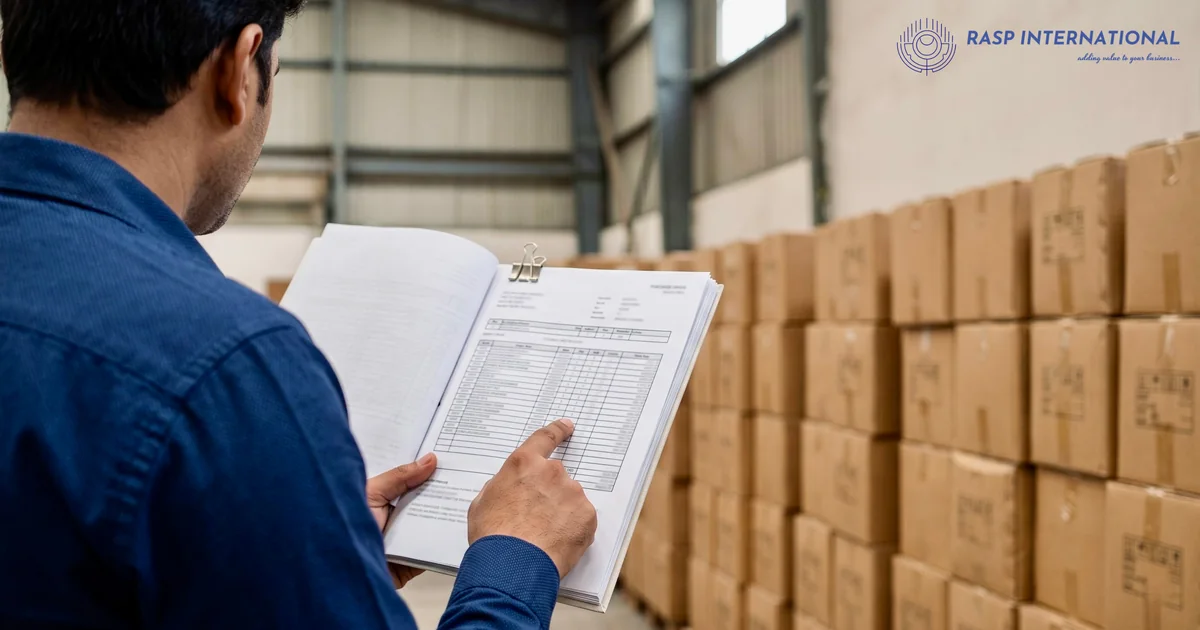 Exporter checking a printed buyer report against cartons in a warehouse