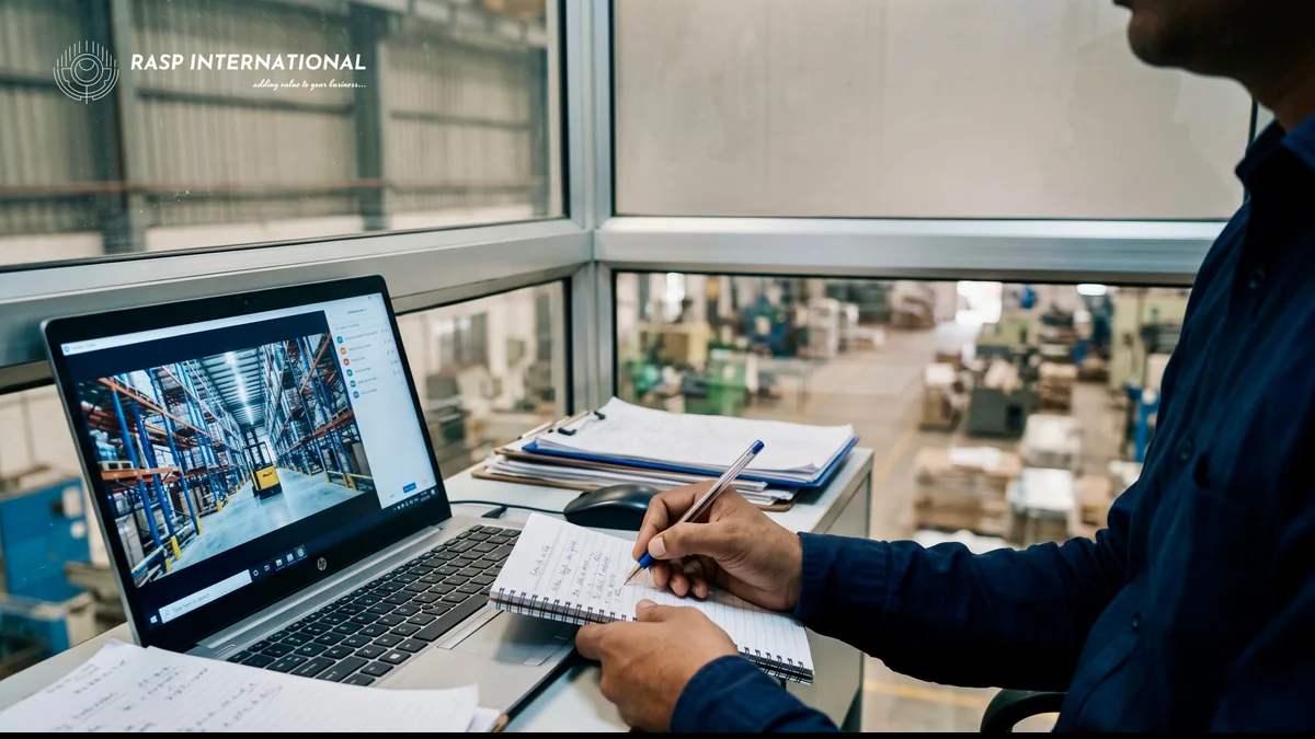 Exporter on a laptop reviewing a video walkthrough of a foreign buyer's warehouse