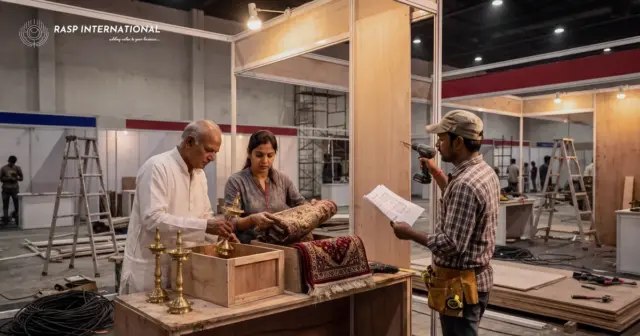 Exhibitors unpacking brass lamps and a carpet while a contractor builds their stall before a trade fair