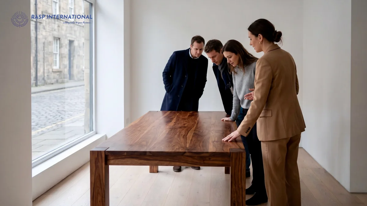 Exporter showing a solid sheesham dining table to European buyers in a display showroom in Europe
