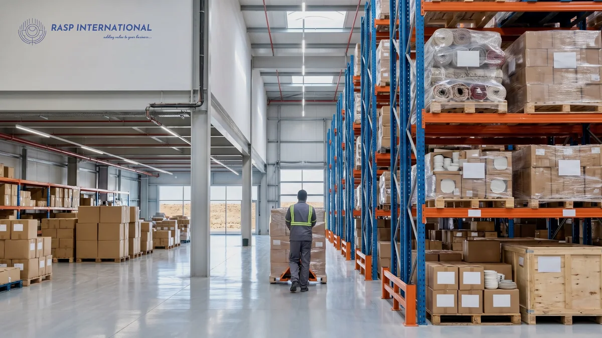 Worker moving a pallet down a long aisle of export goods in an overseas warehouse