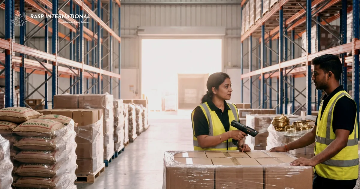 Warehouse staff checking pallets of Indian export goods in an overseas warehouse in Dubai