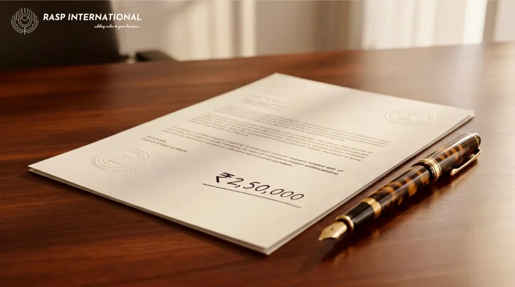 Document showing a value of Rs 2,50,000 with a fountain pen