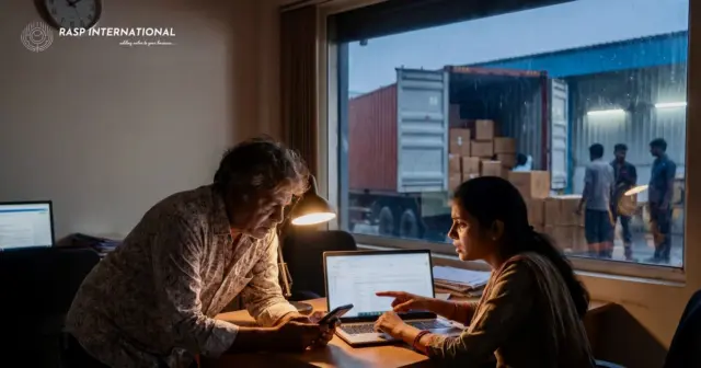 Exporter and manager checking a buyer's message on a phone at night while a container is loaded outside