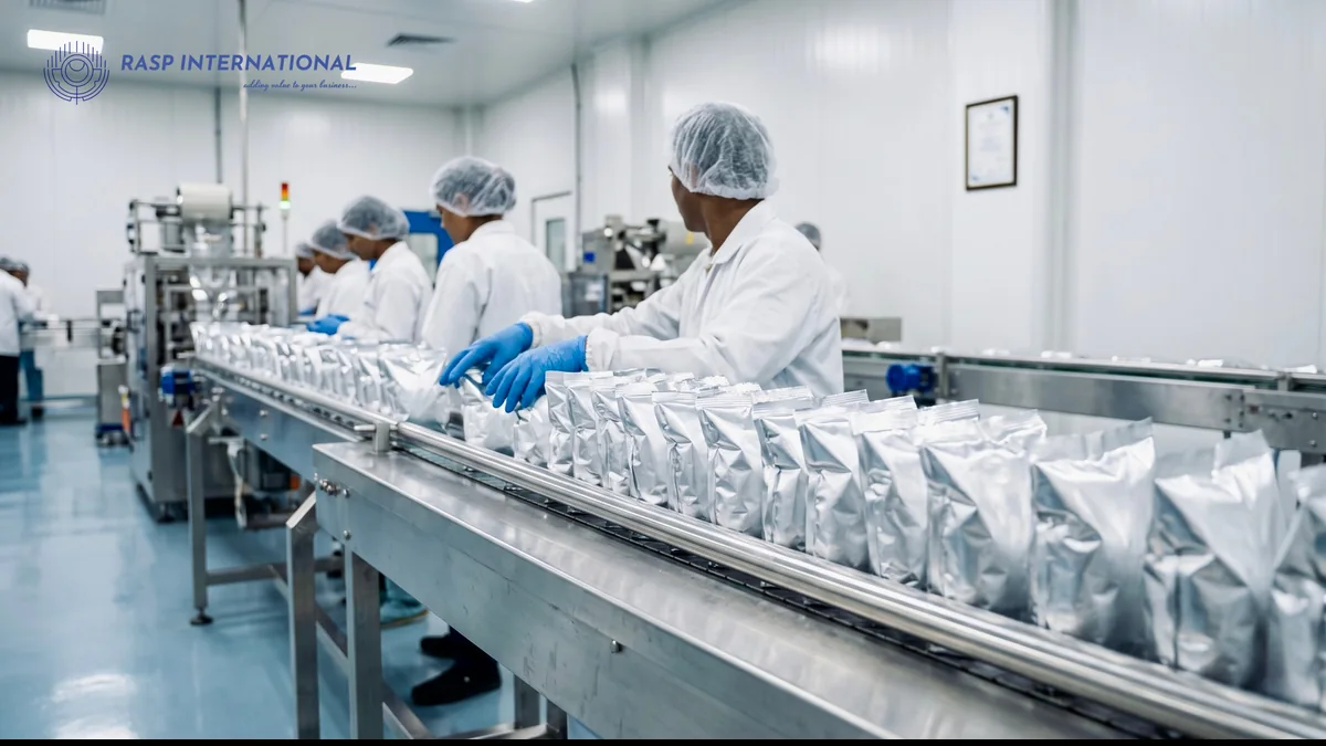 Workers in hairnets and gloves packing sealed food pouches on a conveyor line
