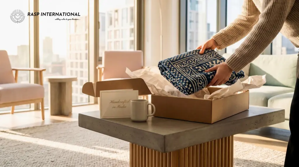 Overseas customer unboxing a handcrafted Indian export product in a modern home