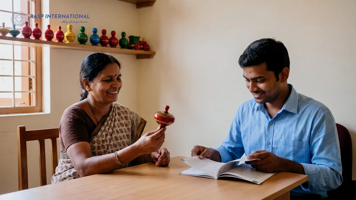 Export helpdesk counsellor going through an export guide with a Channapatna toy maker at a cluster helpdesk