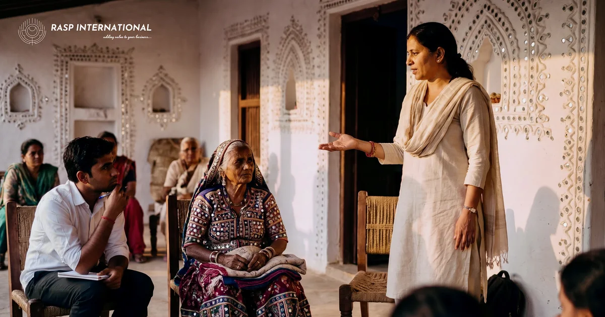 Trainer speaking to artisans and small exporters at a district export workshop in a Kutch craft centre