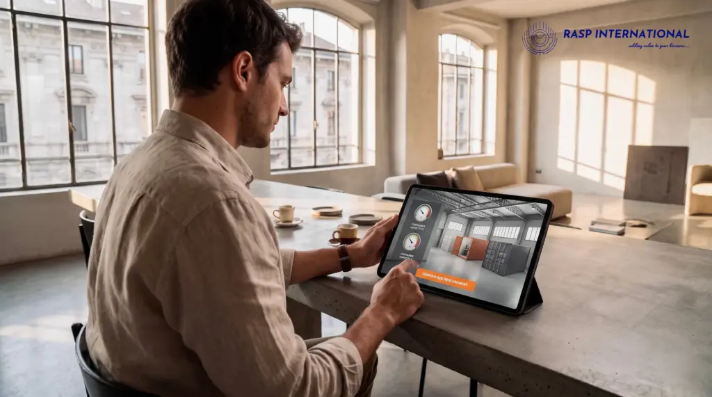 Overseas commercial buyer reviewing an Indian export catalogue on a digital tablet