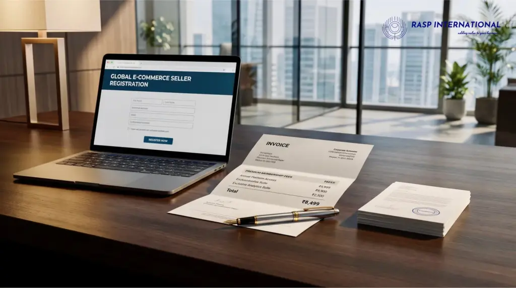 Laptop with a trade portal beside an export invoice, used to match invoice dates with UP registration dates