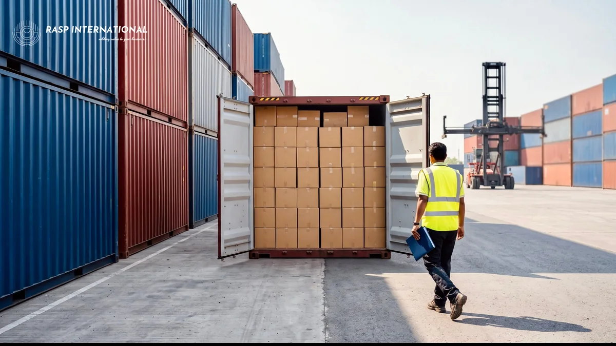 Customs broker walking to an open export container at an Indian inland container depot
