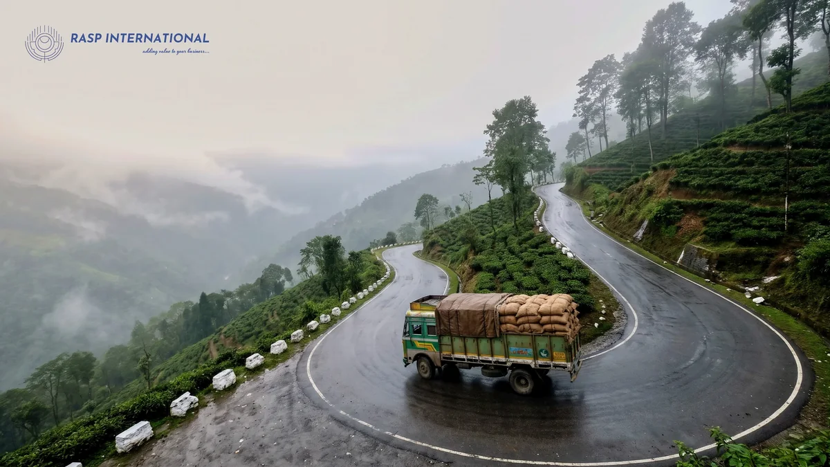 Loaded goods truck on a winding hill road through tea gardens on a misty day