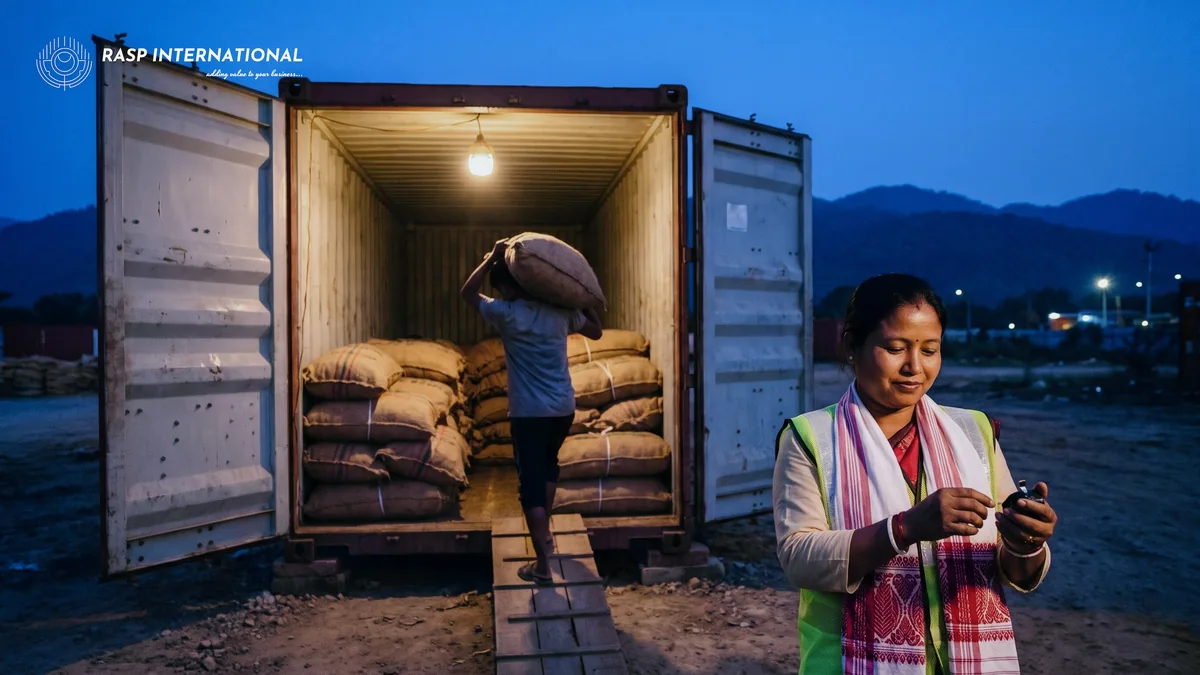 Worker carrying a jute sack of large cardamom into a container at an inland container depot near Guwahati as the supervisor keeps count