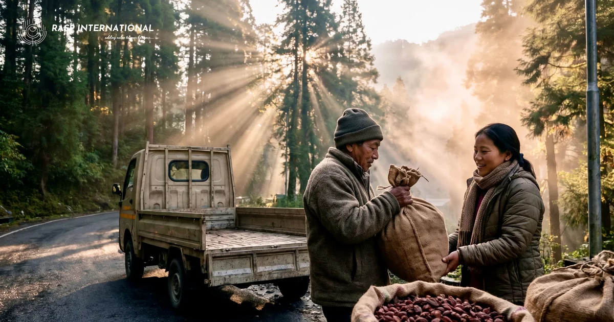 Cardamom grower and an exporter loading jute sacks of large cardamom onto a truck on a misty hill road in Sikkim