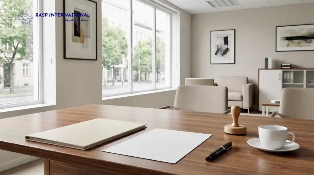 Modern executive desk with export compliance documents, tablet and corporate stationery