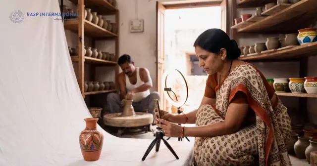 Woman photographing a terracotta vase with a phone and ring light for an online B2B listing as a potter works behind