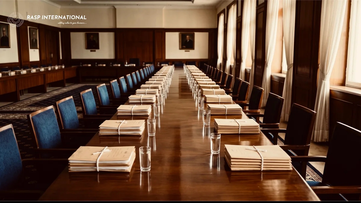 Empty meeting room with a long table in an office