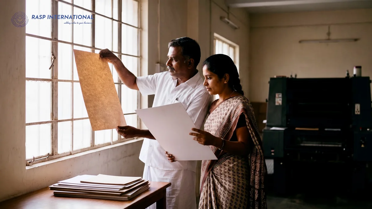 Paper converter and his purchase manager holding sample sheets of board and kraft paper up to the light in Sivakasi